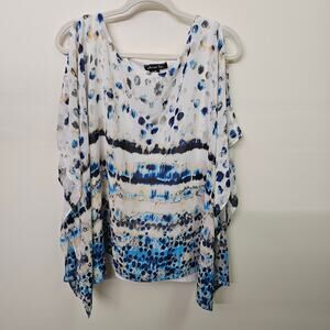 Michael Tyler Cold Shoulder Blouse Blue White Cape Sleeve Built-in Tank SZ Large